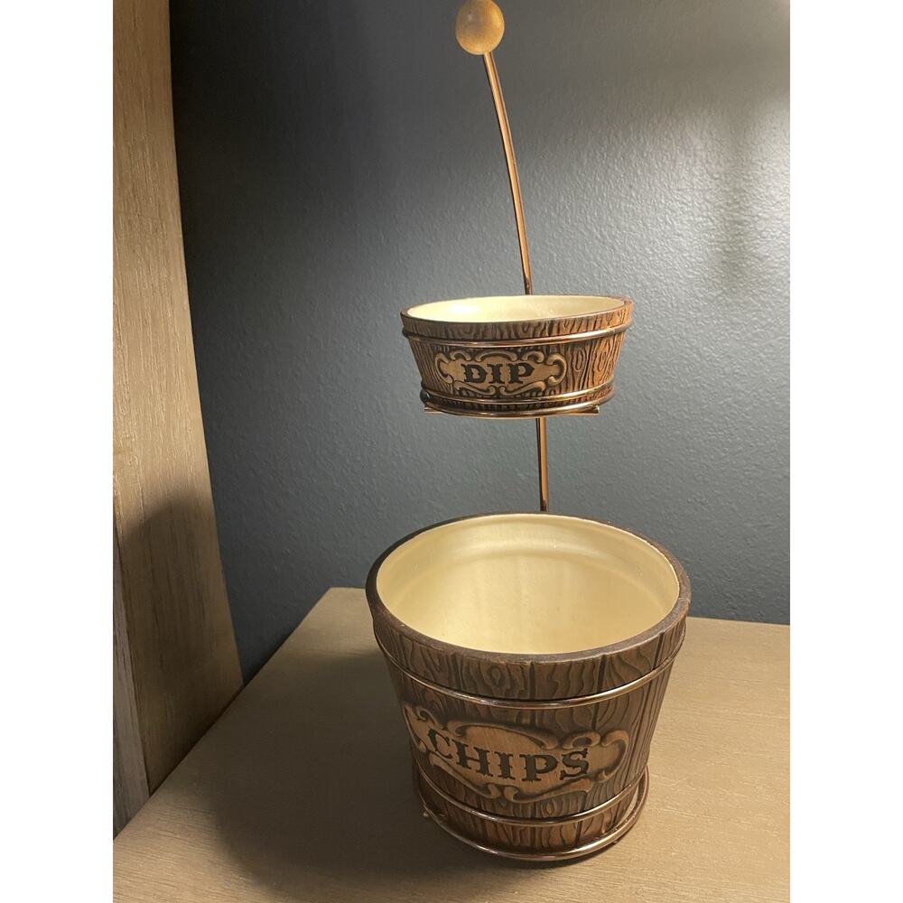 Vintage Chip & Dip Bowl Set Faux Woodgrain Ceramic Copper Tone Stand